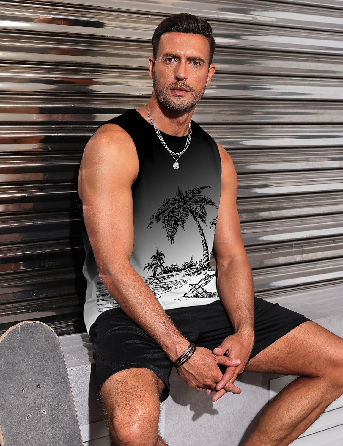 Mens Tank Tops Beach Summer Sleeveless Shirts Graphic Palm Tree Vacation