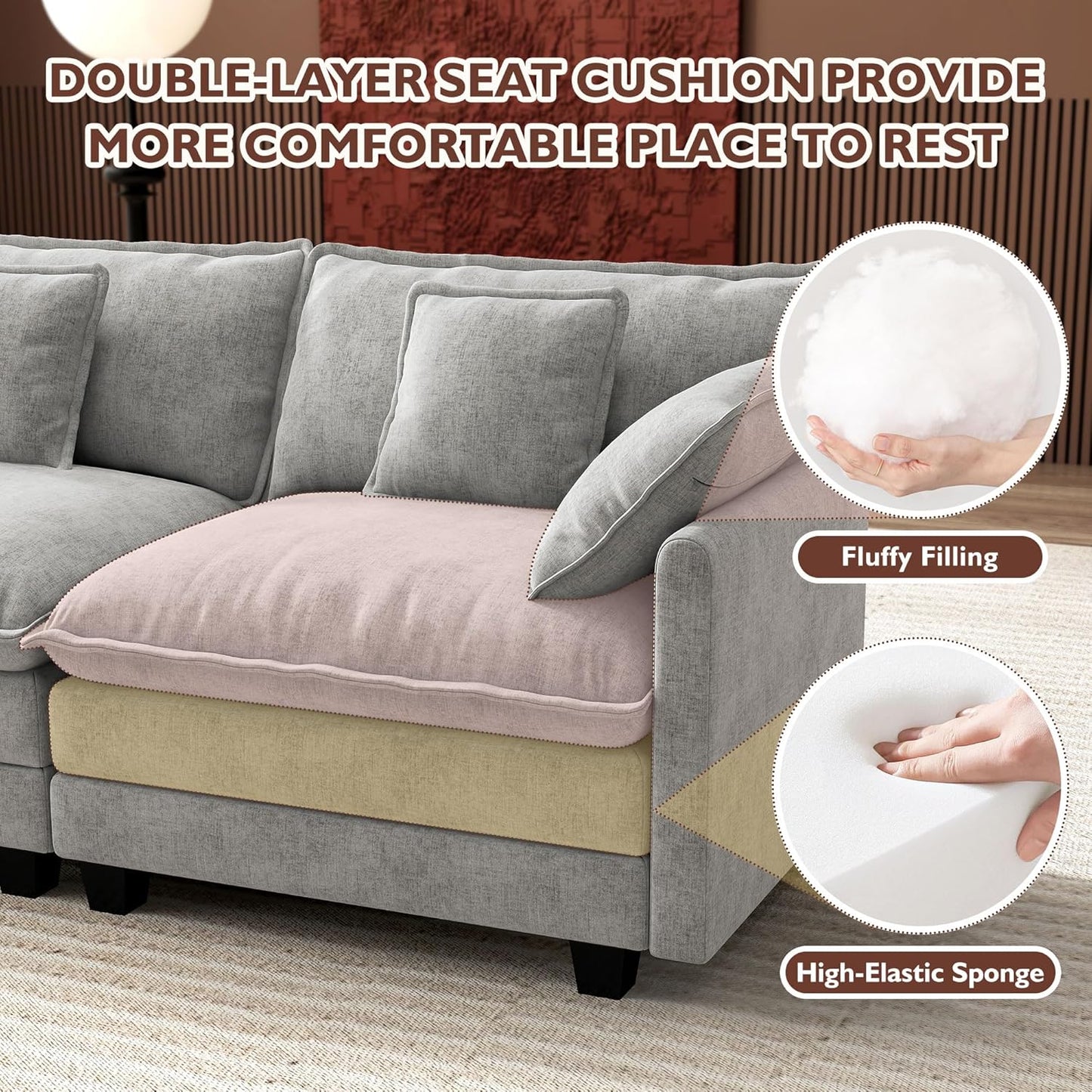 146" U-Shaped Modern Sofa Modular Sectional Cloud Couch