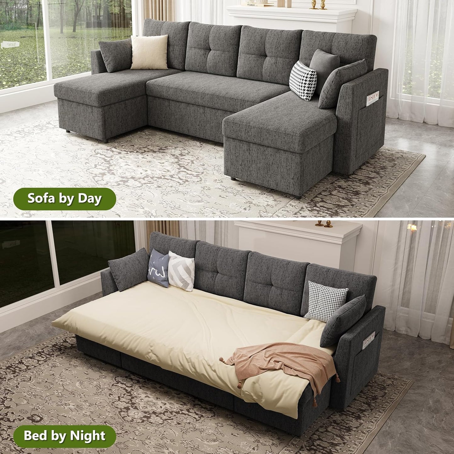 2-in-1 Oversized Sectional Sofa Bed 110" Pull-Out Couch with Storage Chaise Dark Grey