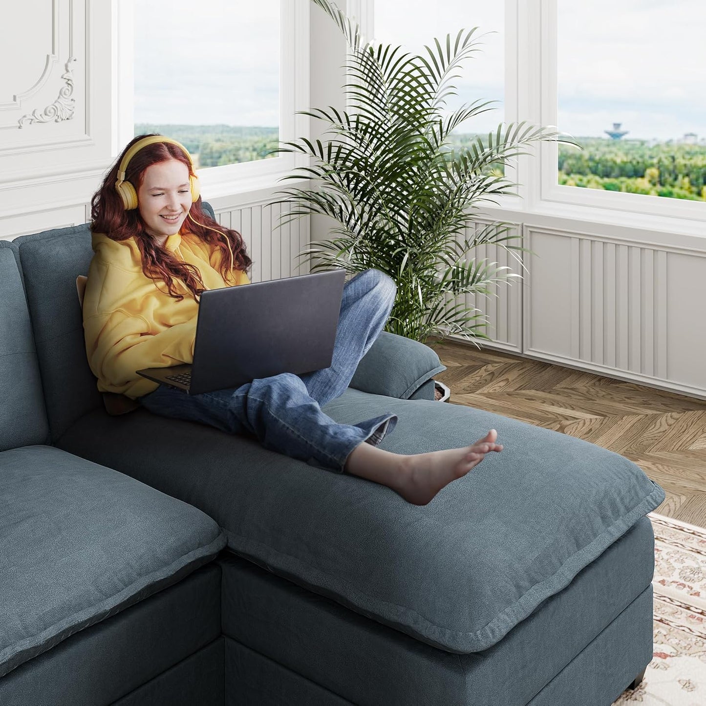 110 Inch U Shaped Sectional Sofa with Double Chaise Black