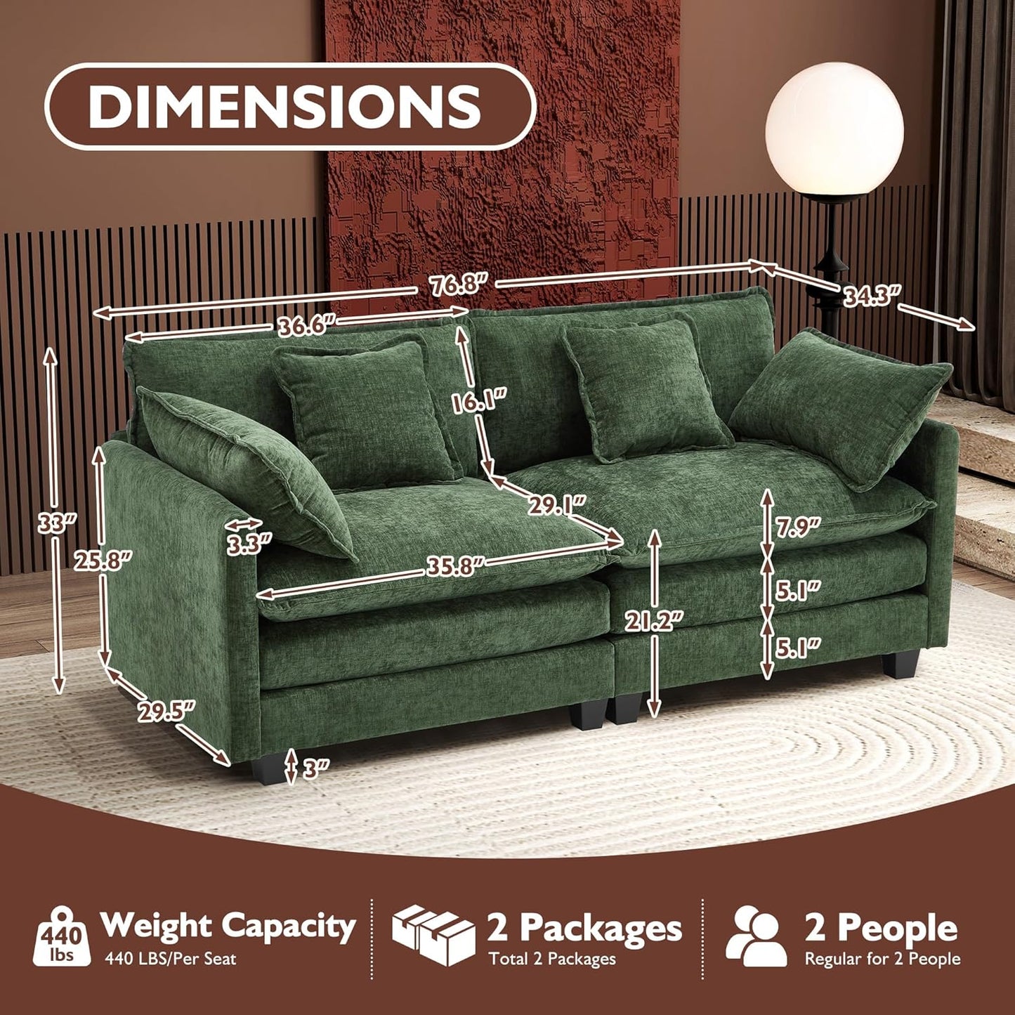 146" U-Shaped Modern Sofa Modular Sectional Cloud Couch