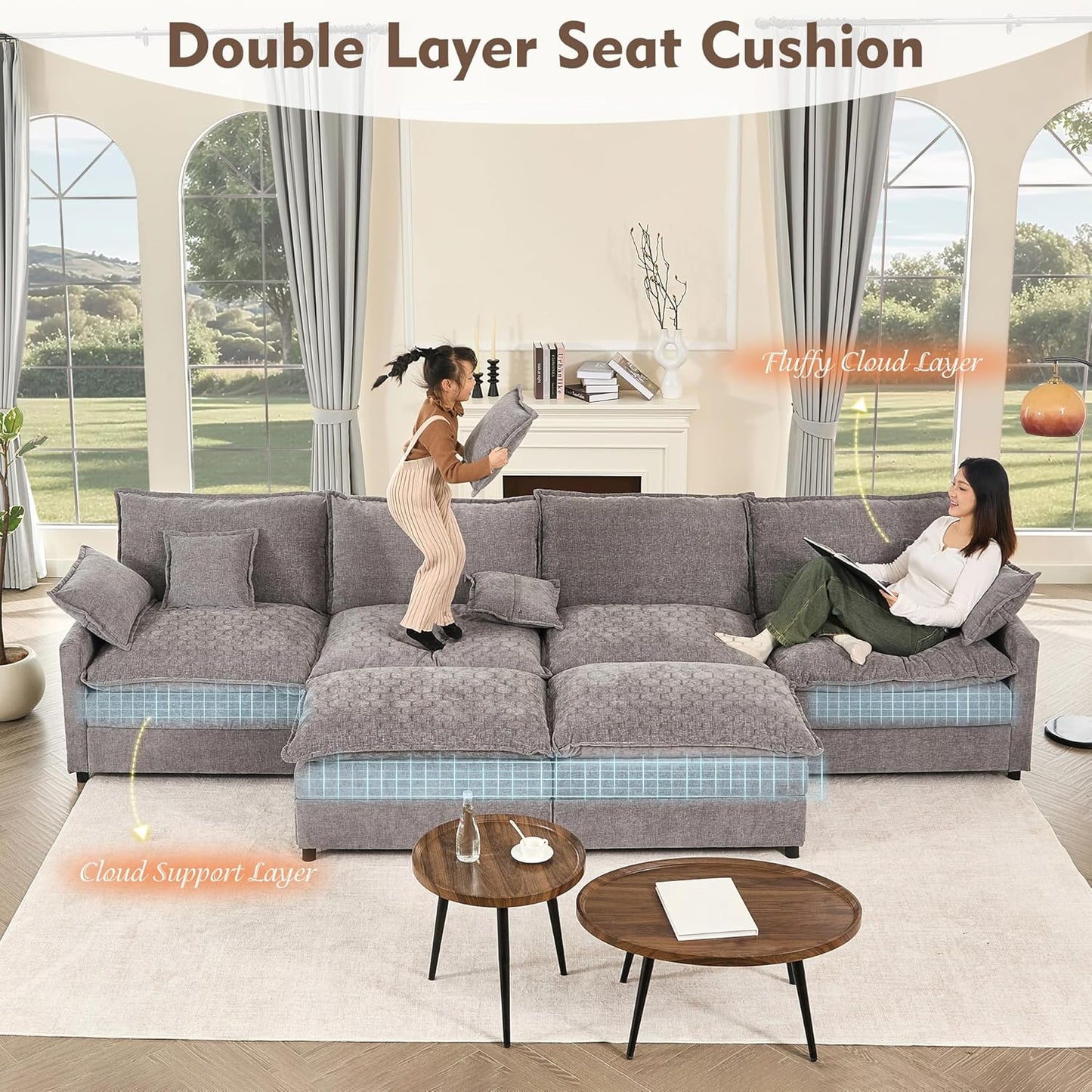 108" U Shaped Couch Modular Sectional Sofa