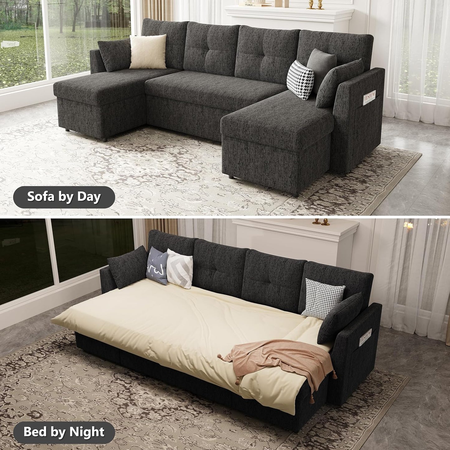 2-in-1 Oversized Sectional Sofa Bed 110" Pull-Out Couch with Storage Chaise Dark Grey