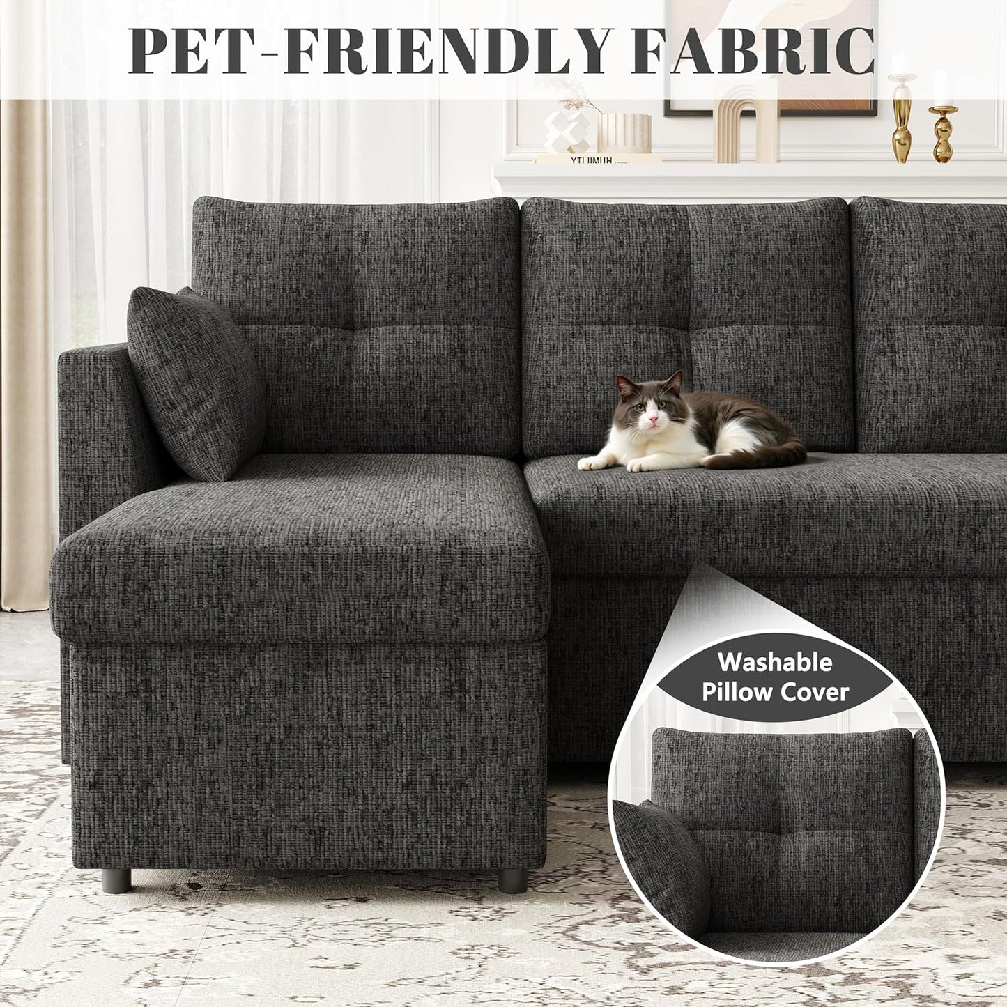 2-in-1 Oversized Sectional Sofa Bed 110" Pull-Out Couch with Storage Chaise Dark Grey