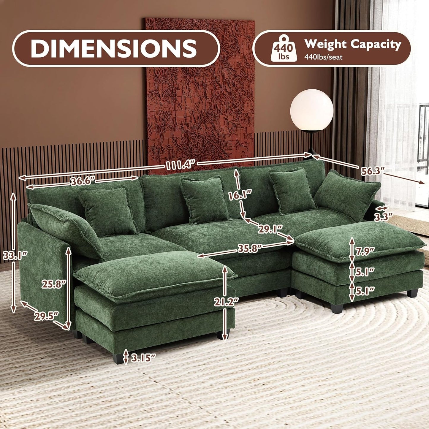 146" U-Shaped Modern Sofa Modular Sectional Cloud Couch