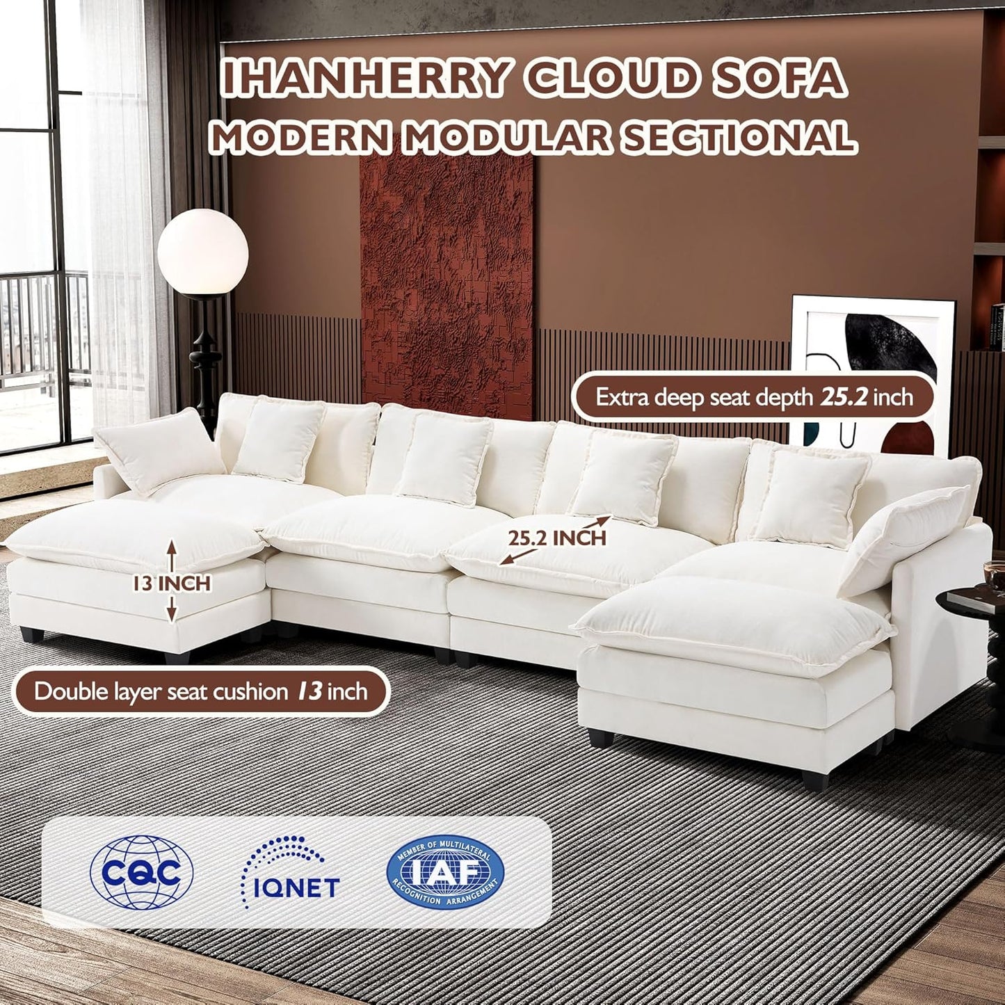 146" U-Shaped Modern Sofa Modular Sectional Cloud Couch