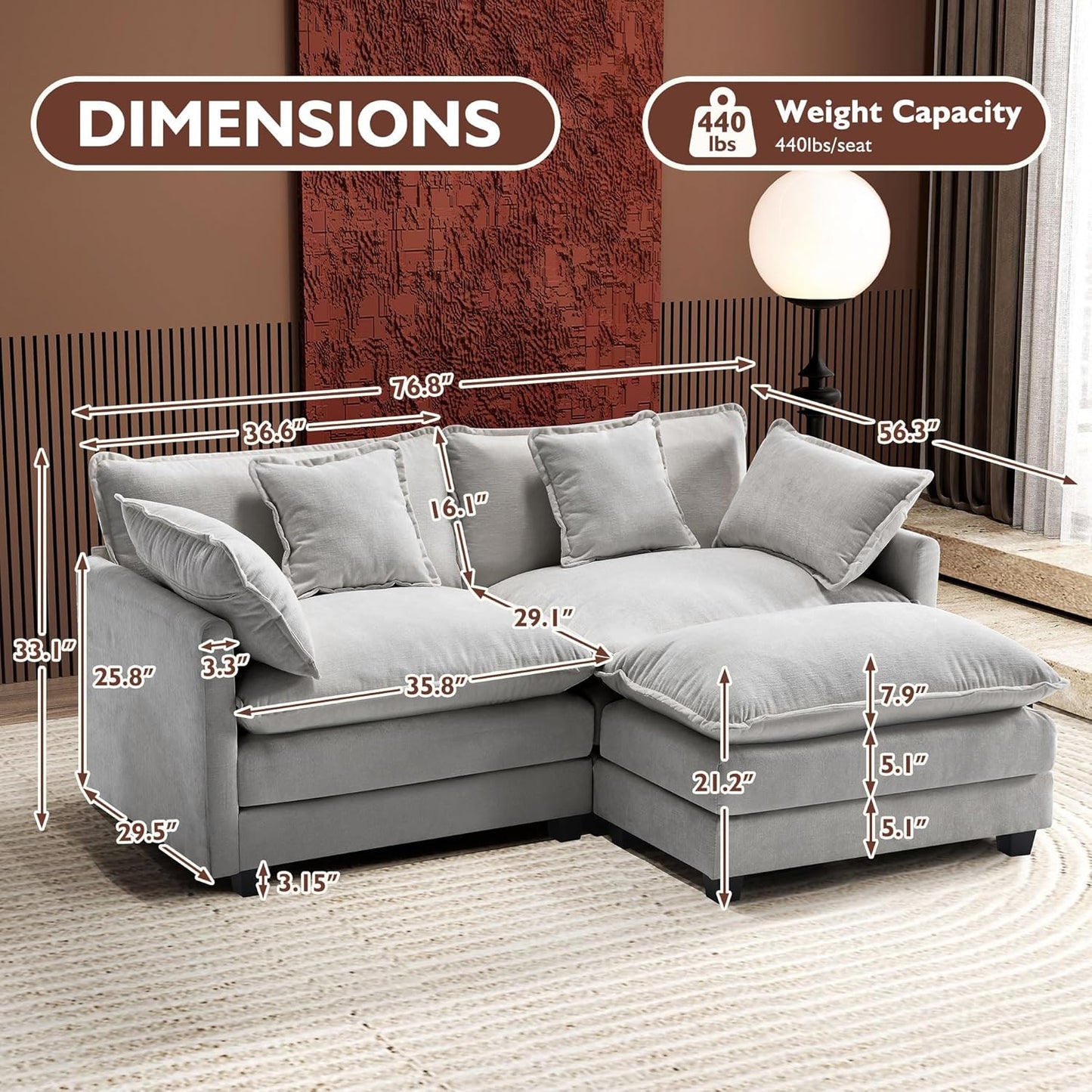 146" U-Shaped Modern Sofa Modular Sectional Cloud Couch
