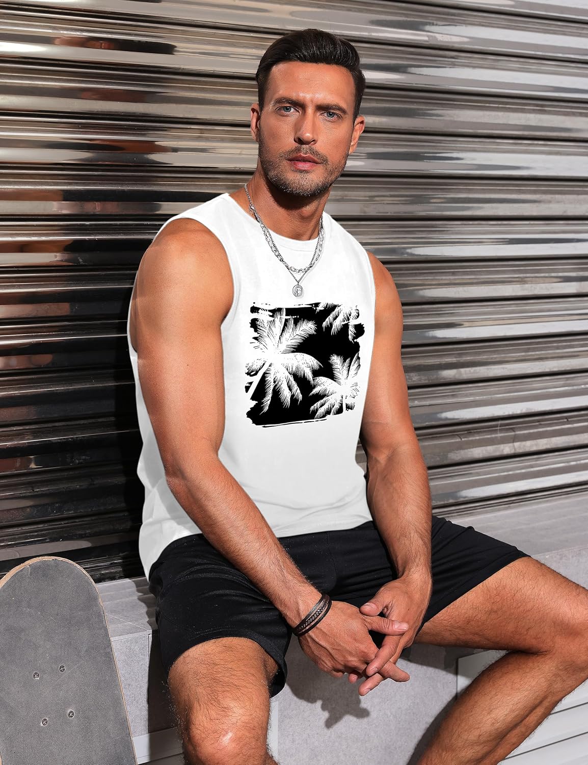 Mens Tank Tops Beach Summer Sleeveless Shirts Graphic Palm Tree Vacation