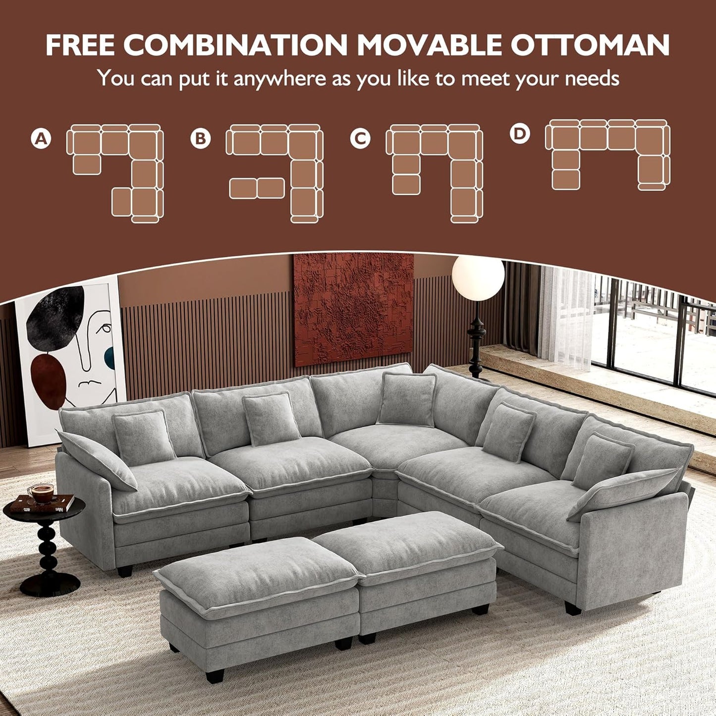 146" U-Shaped Modern Sofa Modular Sectional Cloud Couch