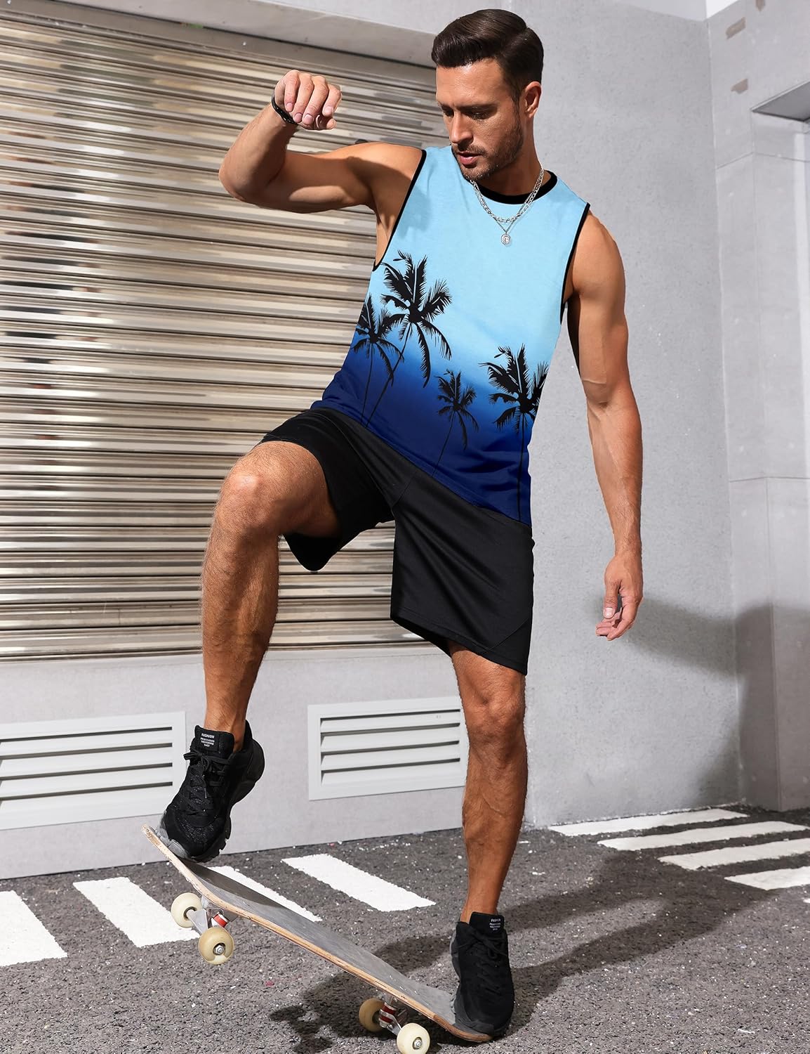 Mens Tank Tops Beach Summer Sleeveless Shirts Graphic Palm Tree Vacation