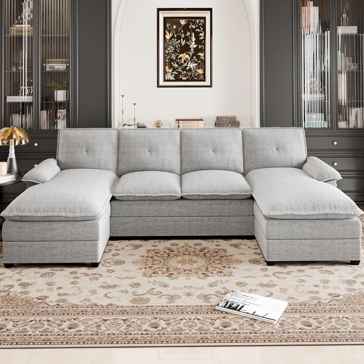 110 Inch U Shaped Sectional Sofa with Double Chaise Black