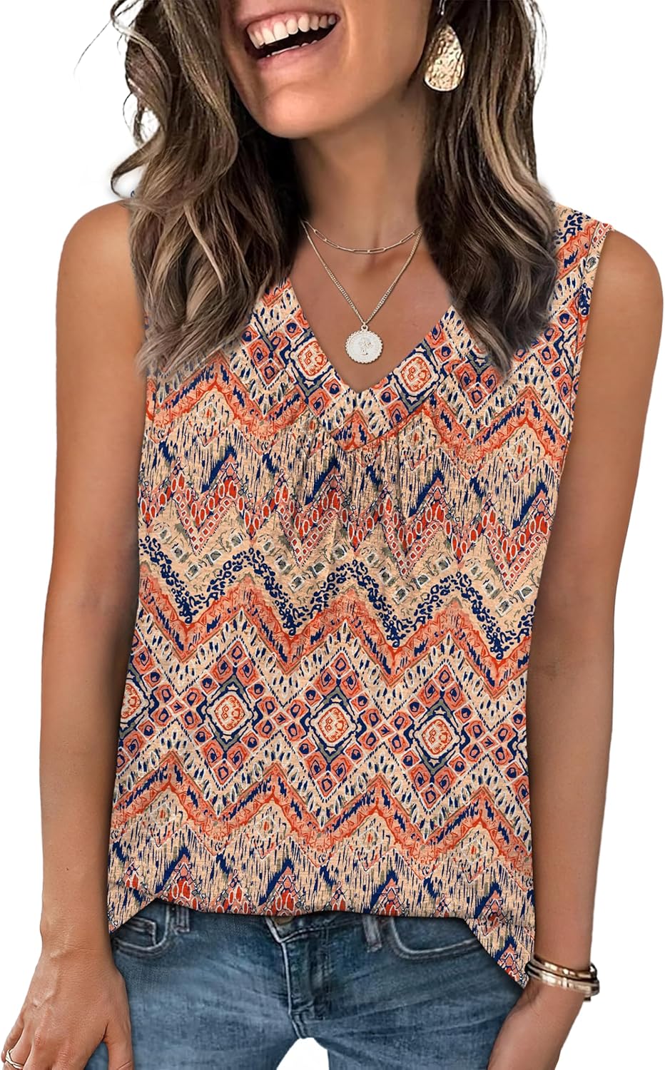 Womens V Neck Tank Top Loose Fit Sleeveless Summer Shirt Ruched Tees and Tanks with Curved Hem