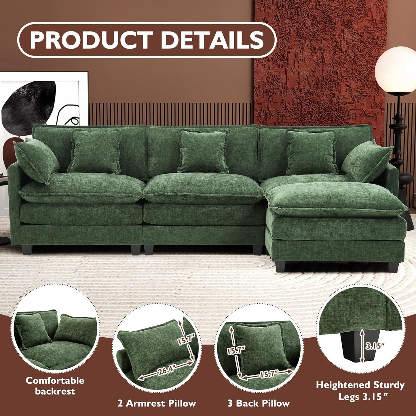 146" U-Shaped Modern Sofa Modular Sectional Cloud Couch