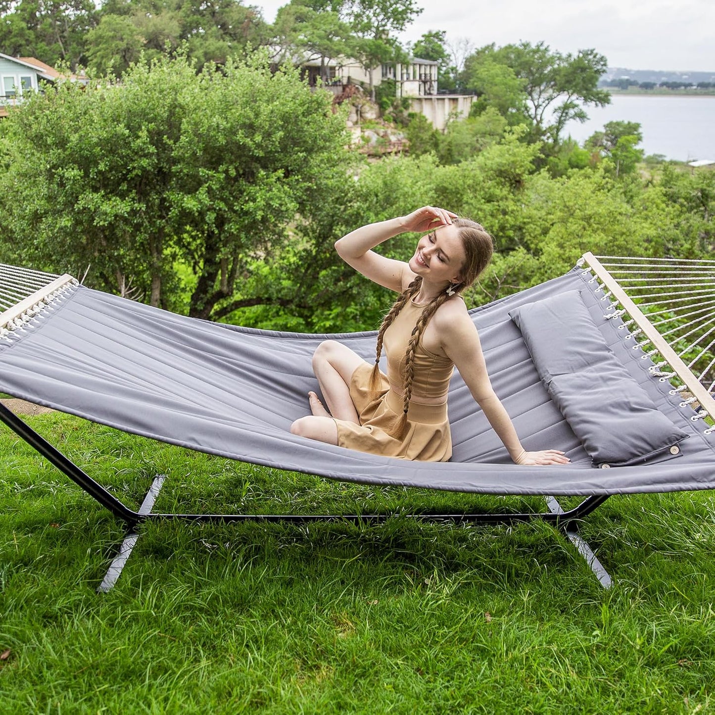 2 Person Hammock with Stand Heavy Duty Portable Dark Grey