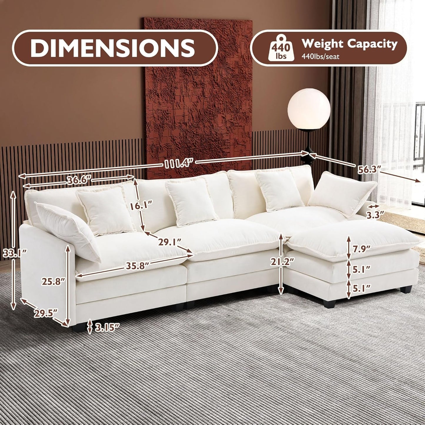 146" U-Shaped Modern Sofa Modular Sectional Cloud Couch