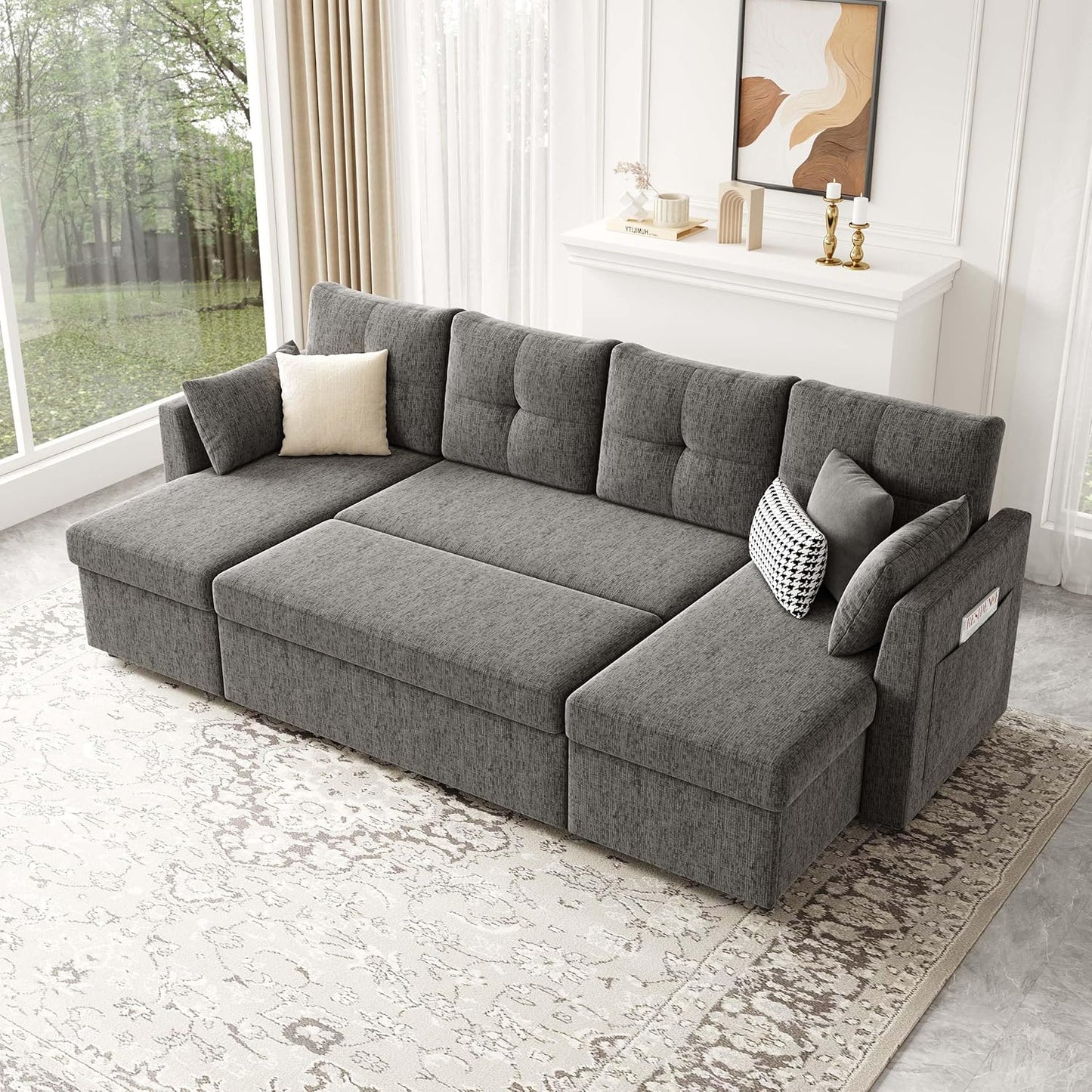 2-in-1 Oversized Sectional Sofa Bed 110" Pull-Out Couch with Storage Chaise Dark Grey