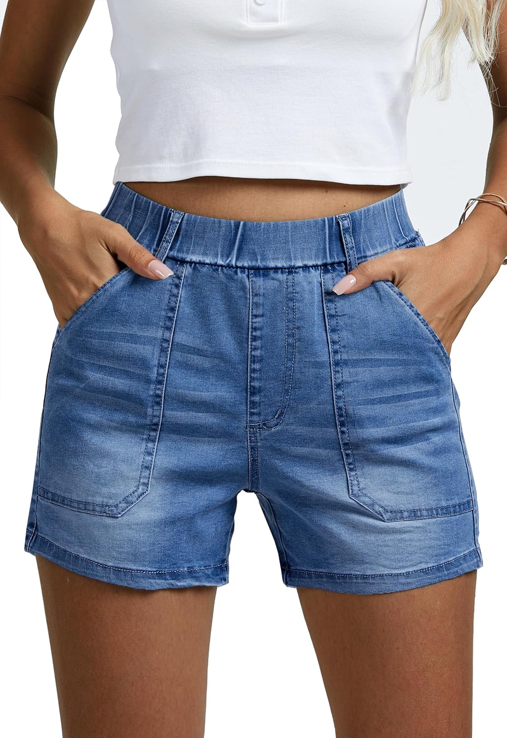 Womens Jean Shorts High Waisted Summer Cotton Elastic Waist Denim Shorts with Pockets