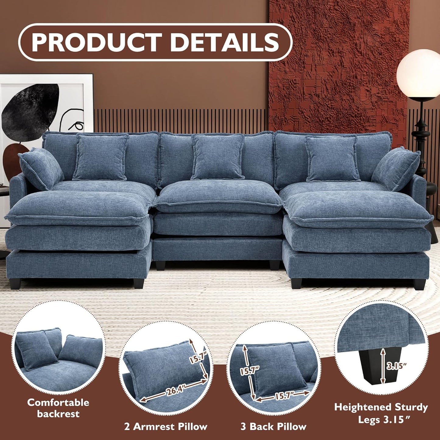 146" U-Shaped Modern Sofa Modular Sectional Cloud Couch
