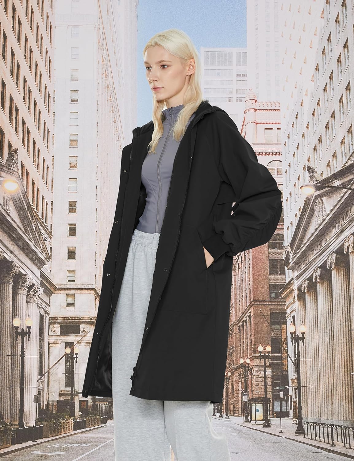 Womens Casual Hooded Raincoat Lightweight Long Zip Up Windbreaker Jacket with Belt