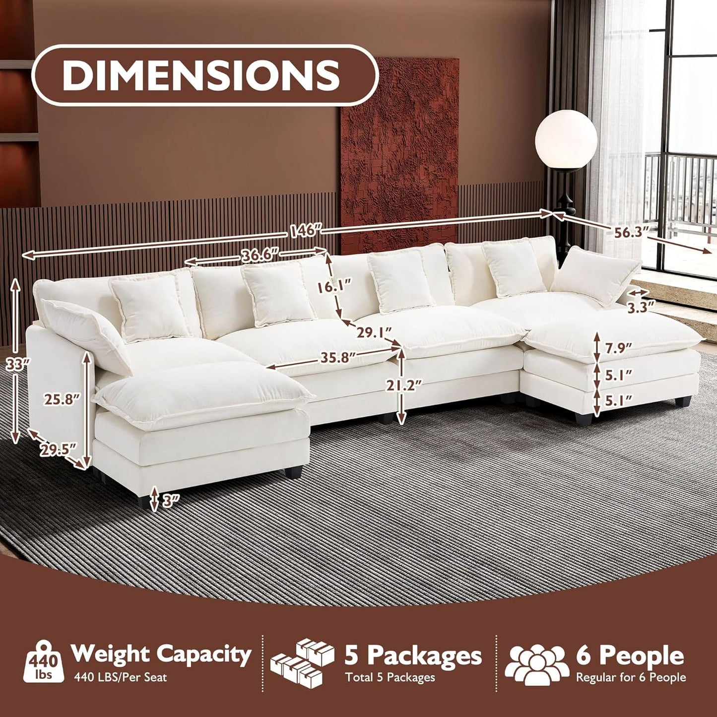 146" U-Shaped Modern Sofa Modular Sectional Cloud Couch
