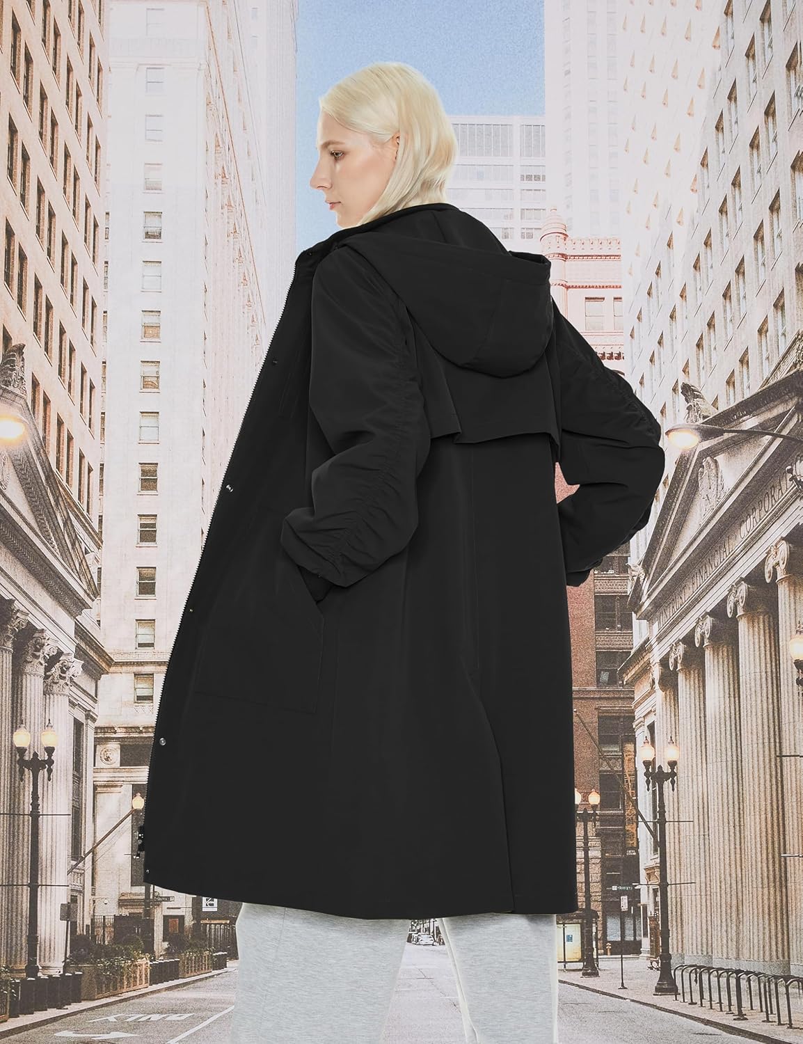 Womens Casual Hooded Raincoat Lightweight Long Zip Up Windbreaker Jacket with Belt