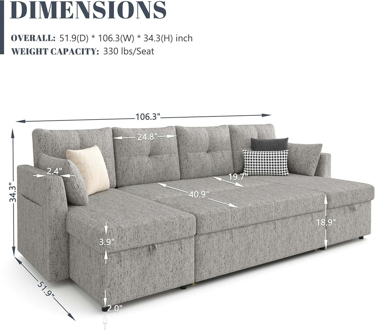2-in-1 Oversized Sectional Sofa Bed 110" Pull-Out Couch with Storage Chaise Dark Grey