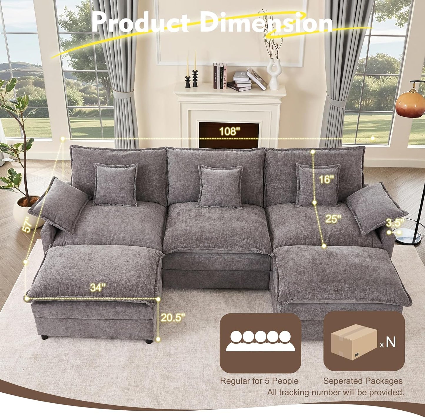 108" U Shaped Couch Modular Sectional Sofa