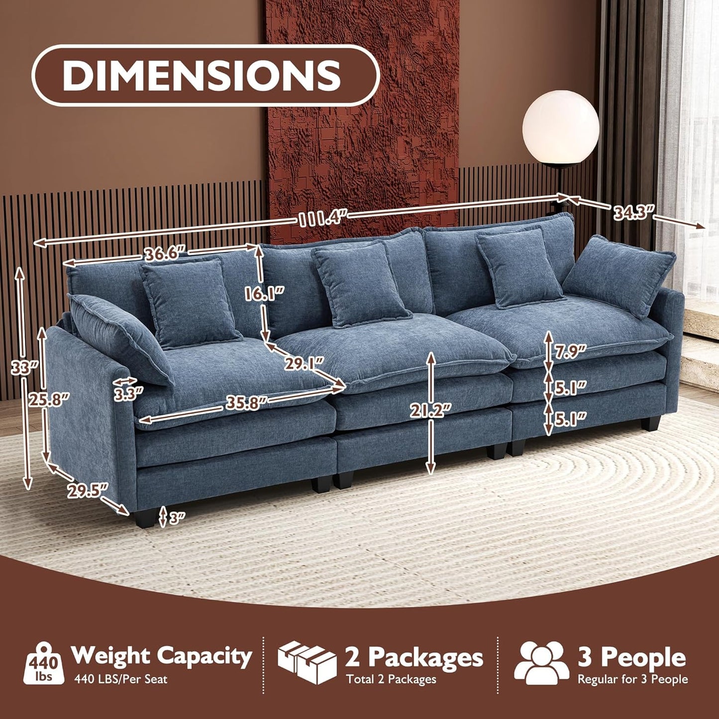 146" U-Shaped Modern Sofa Modular Sectional Cloud Couch