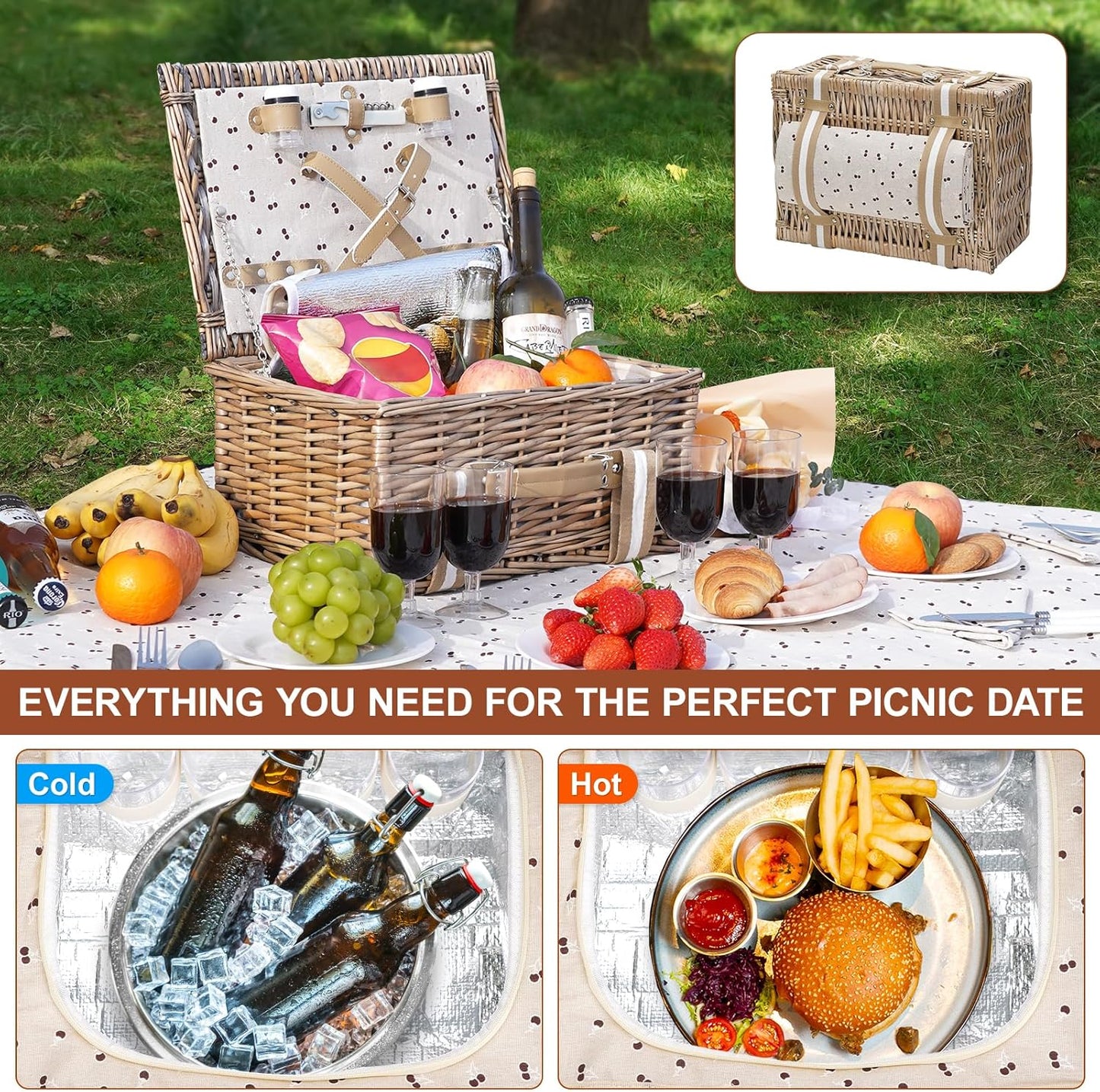 19Pcs Picnic Basket for 2 with Blanket