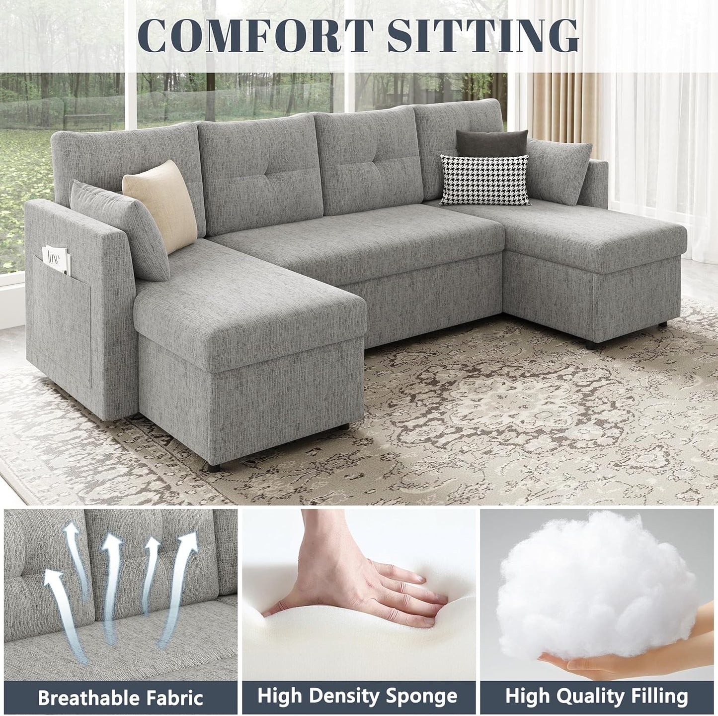 2-in-1 Oversized Sectional Sofa Bed 110" Pull-Out Couch with Storage Chaise Dark Grey