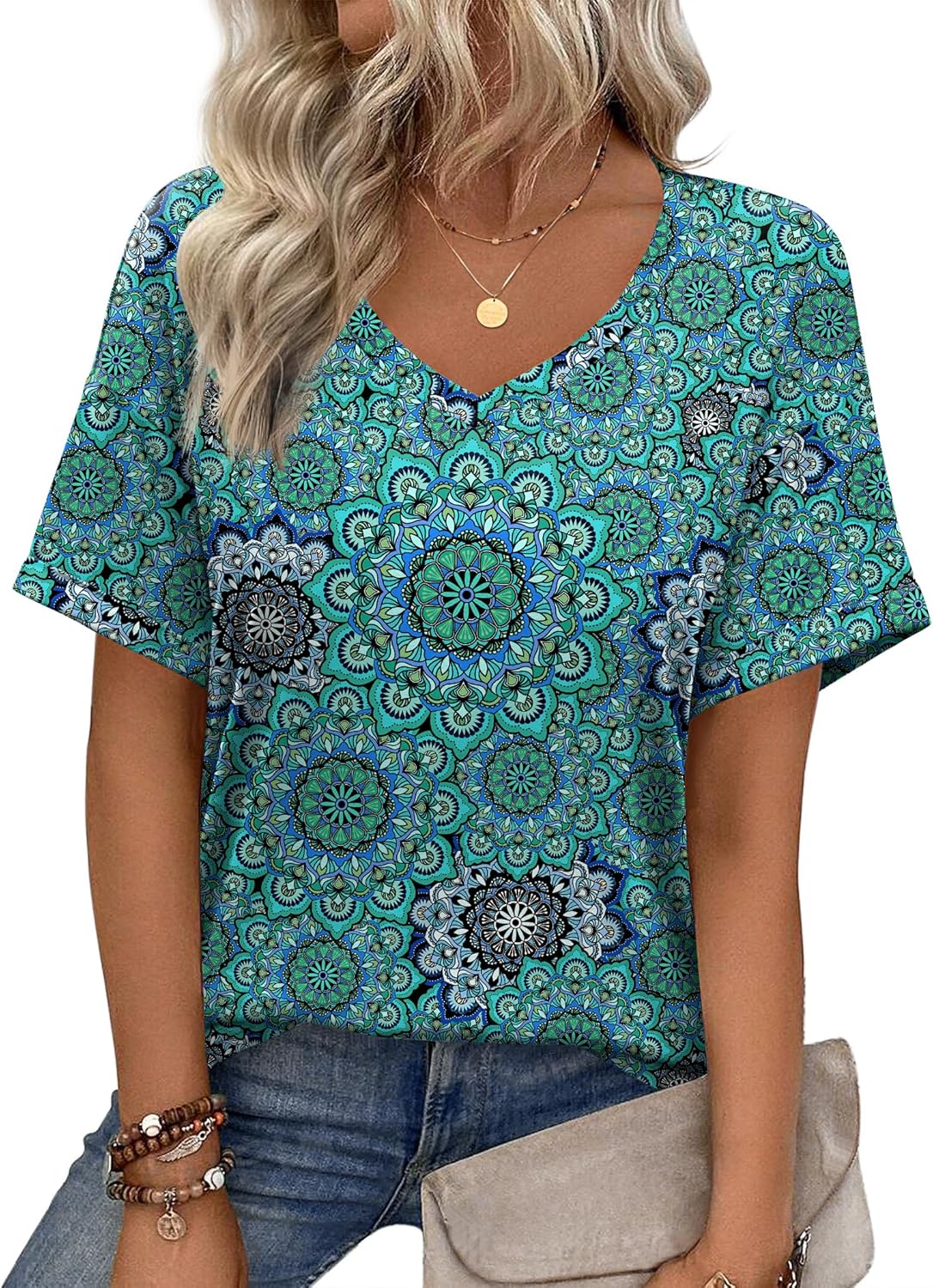 Short Sleeve Casual Shirts Floral Tee Basics V Neck Plain T-shirt