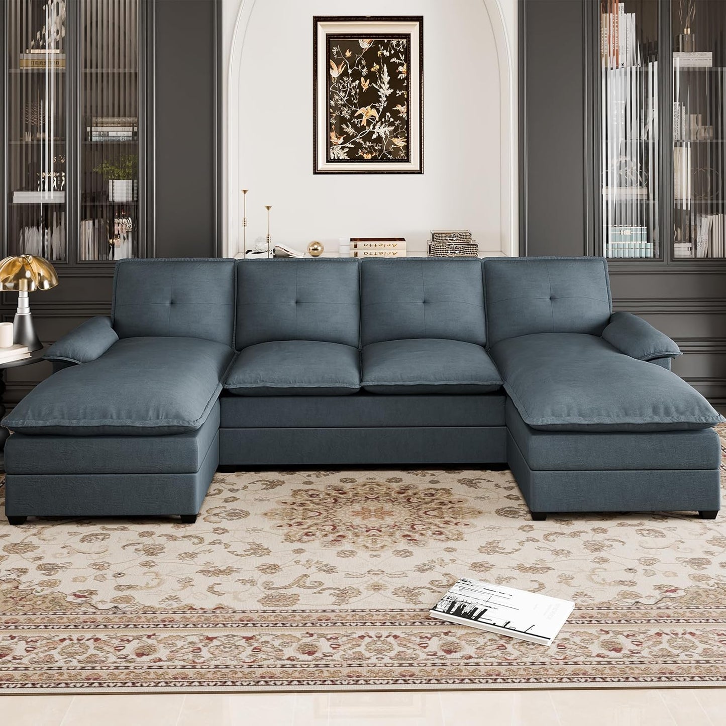 110 Inch U Shaped Sectional Sofa with Double Chaise Black