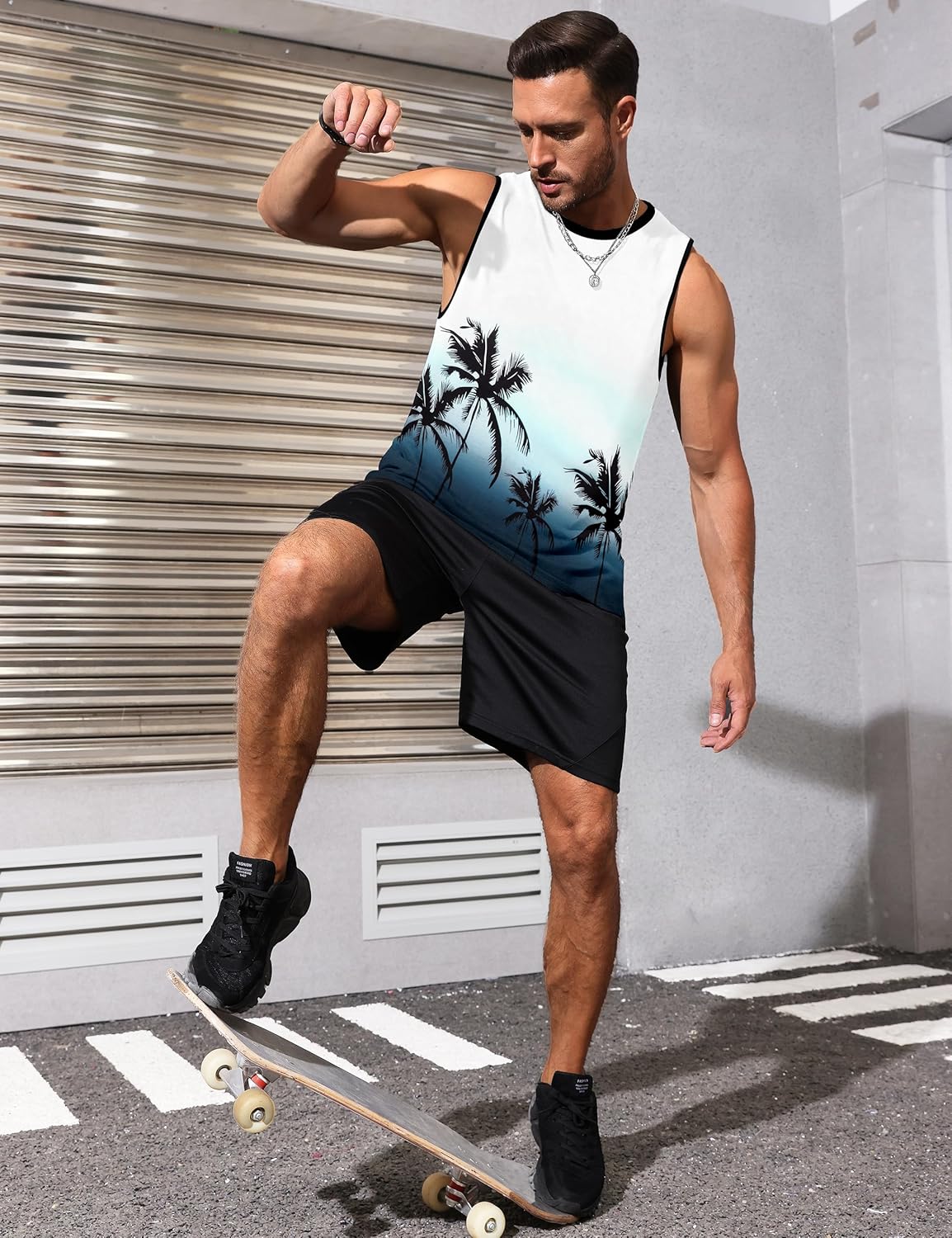 Mens Tank Tops Beach Summer Sleeveless Shirts Graphic Palm Tree Vacation