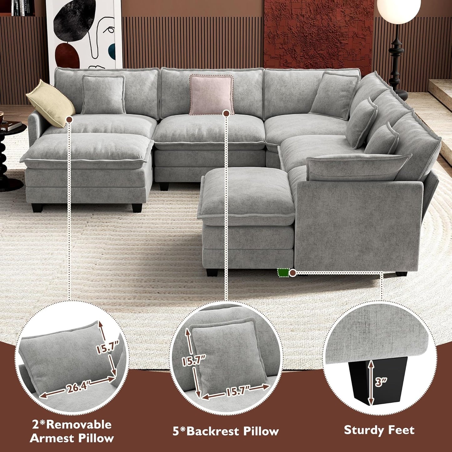 146" U-Shaped Modern Sofa Modular Sectional Cloud Couch