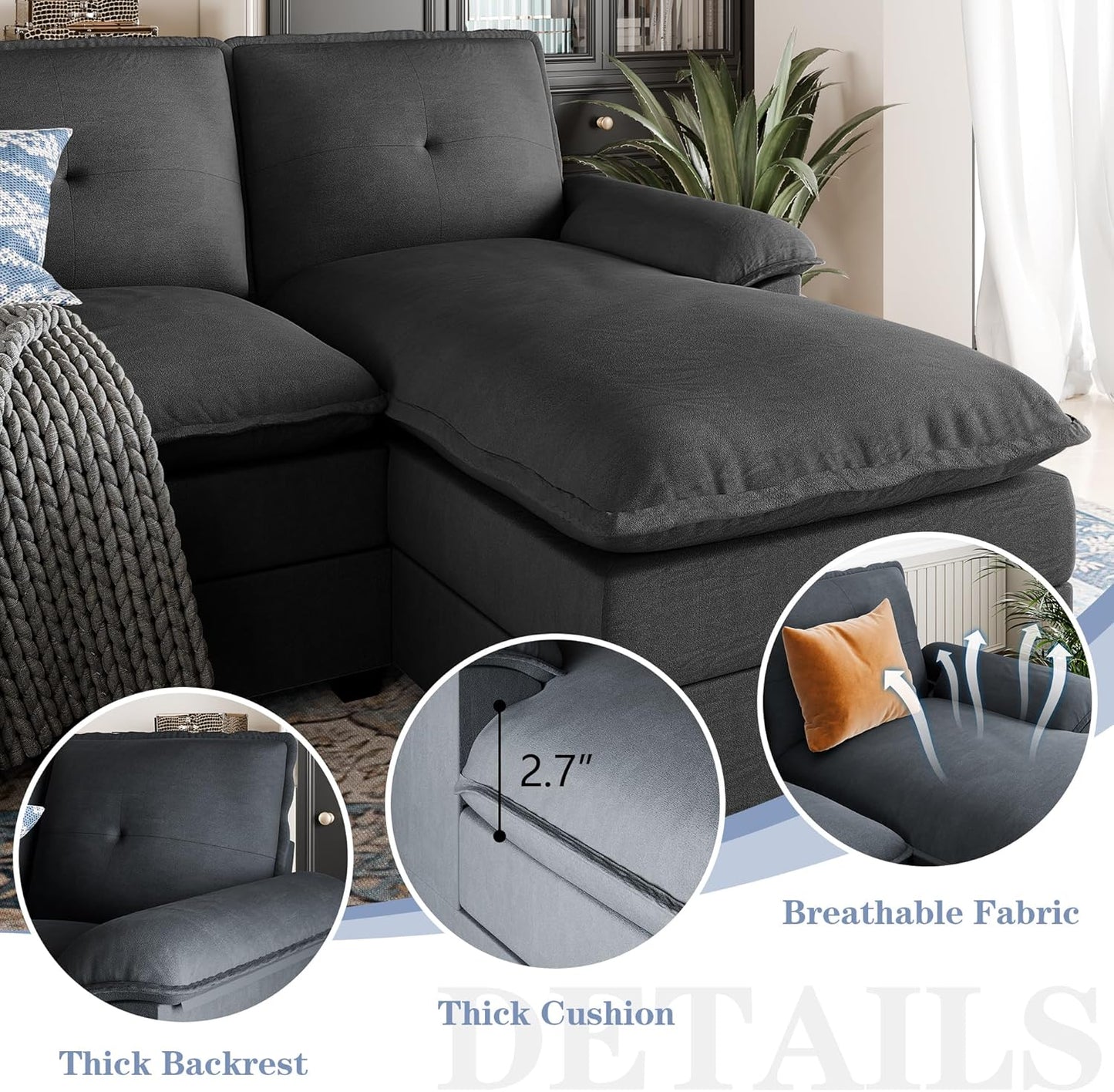 110 Inch U Shaped Sectional Sofa with Double Chaise Black
