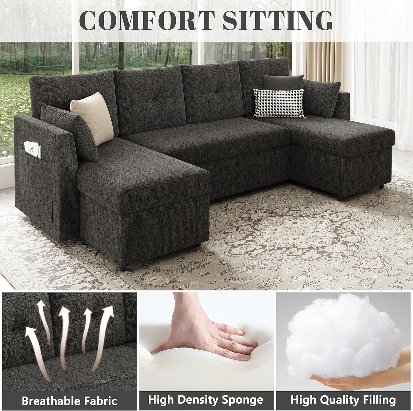 2-in-1 Oversized Sectional Sofa Bed 110" Pull-Out Couch with Storage Chaise Dark Grey