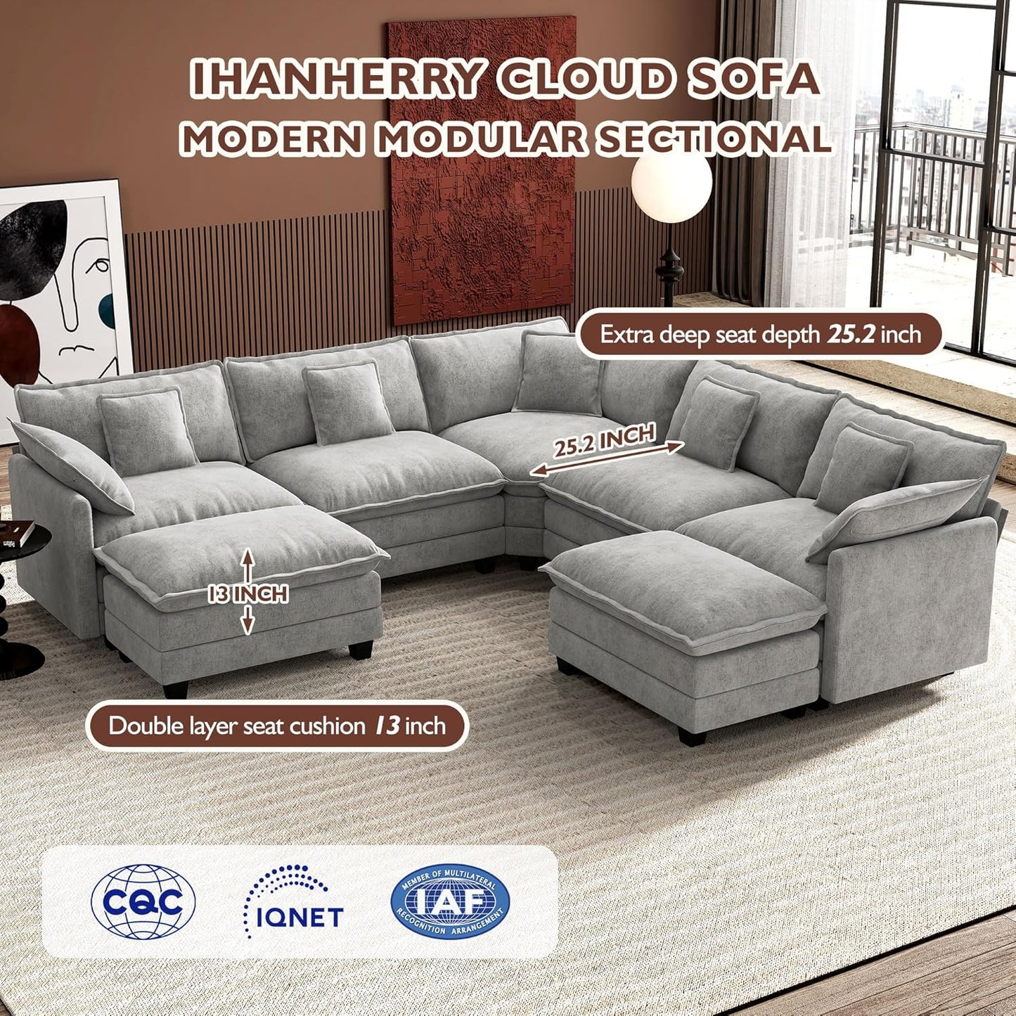 146" U-Shaped Modern Sofa Modular Sectional Cloud Couch