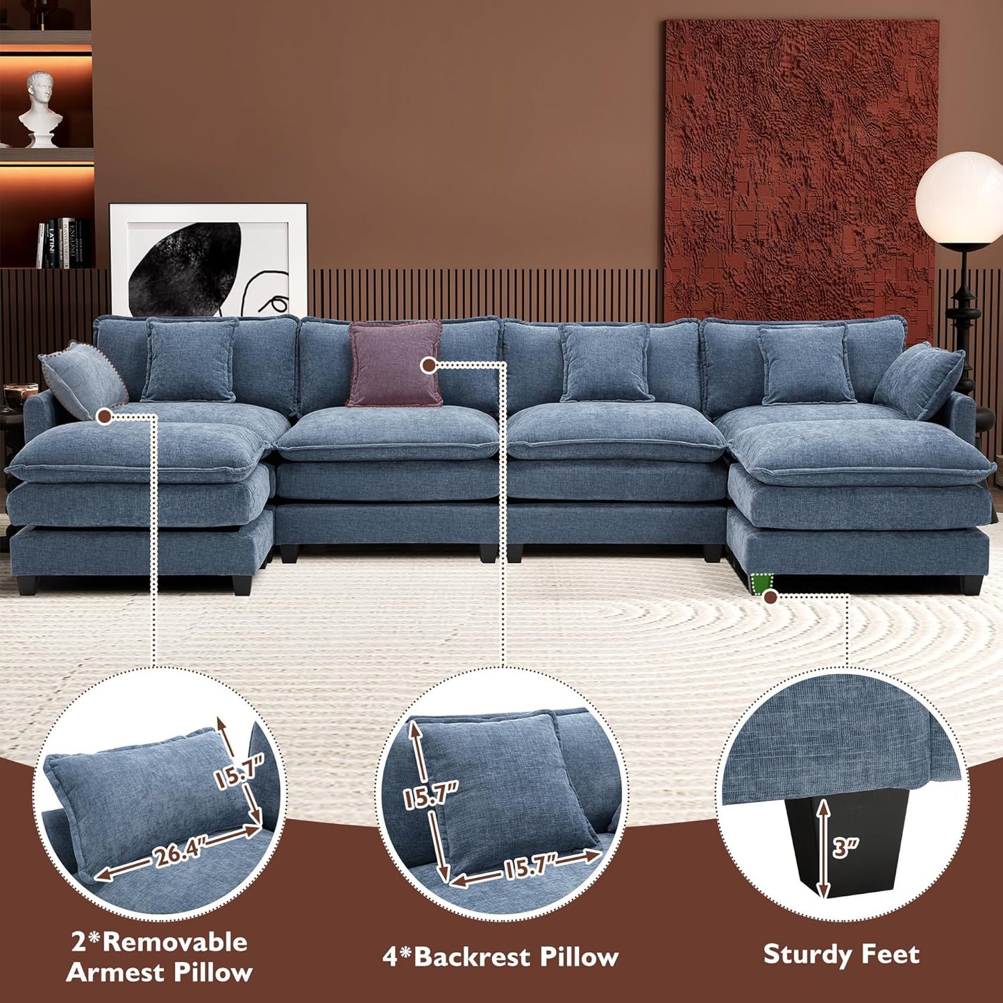 146" U-Shaped Modern Sofa Modular Sectional Cloud Couch