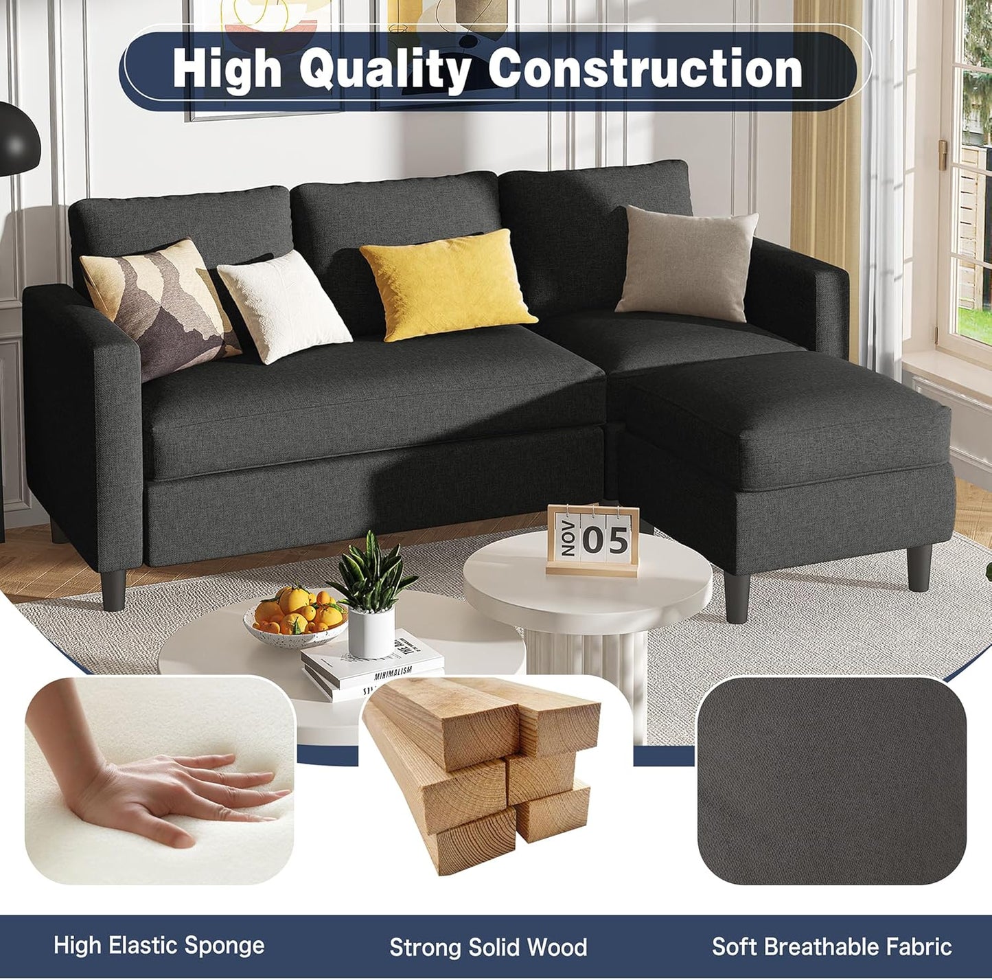 110 Inch U Shaped Sectional Sofa with Double Chaise Black