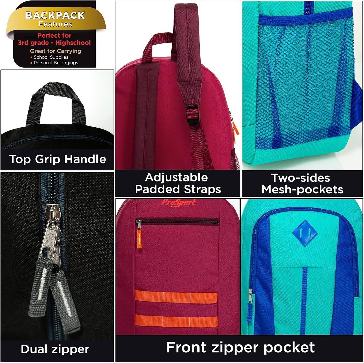 24 Pack 17 Inch Kids Backpacks in 20 Assorted Colors and Prints