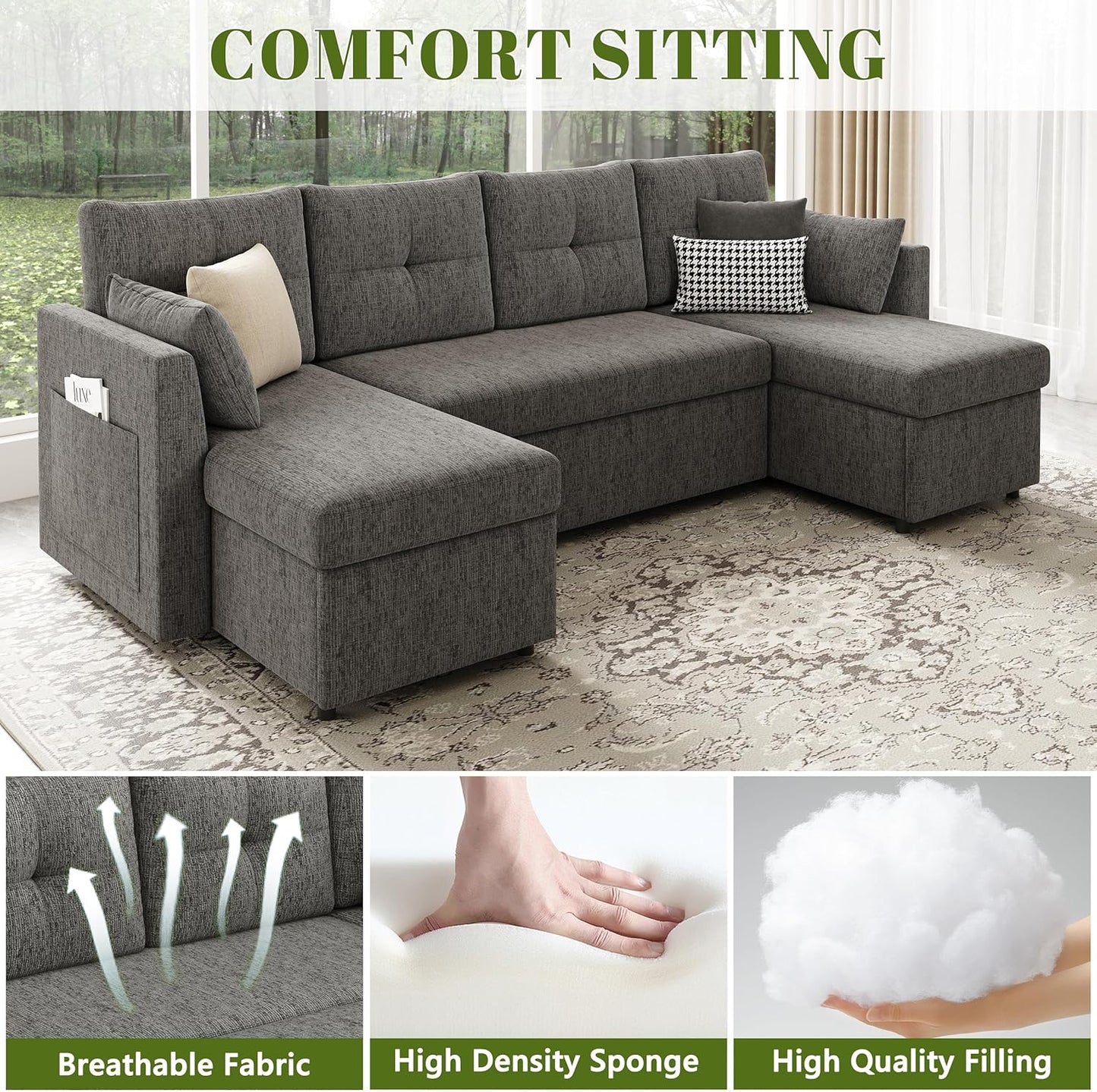 2-in-1 Oversized Sectional Sofa Bed 110" Pull-Out Couch with Storage Chaise Dark Grey