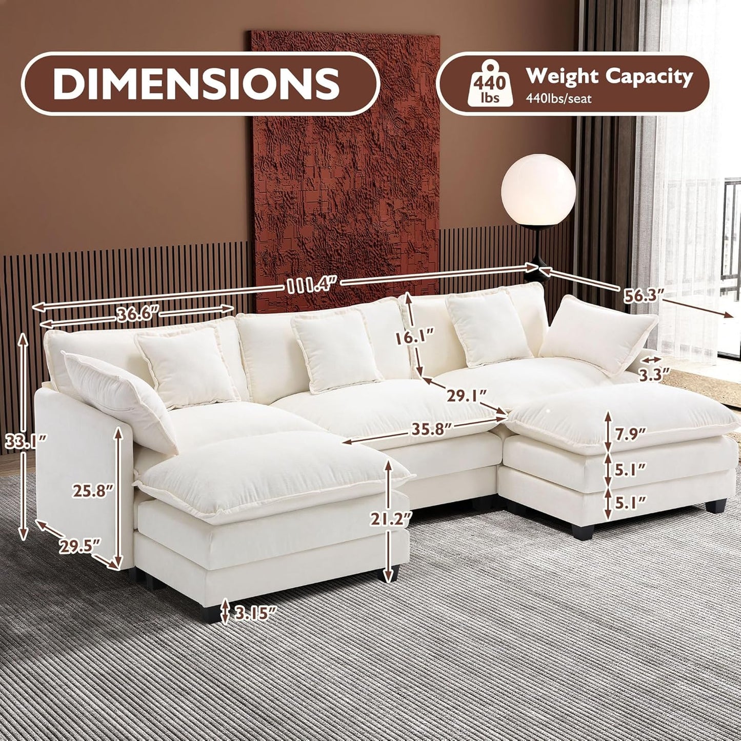 146" U-Shaped Modern Sofa Modular Sectional Cloud Couch