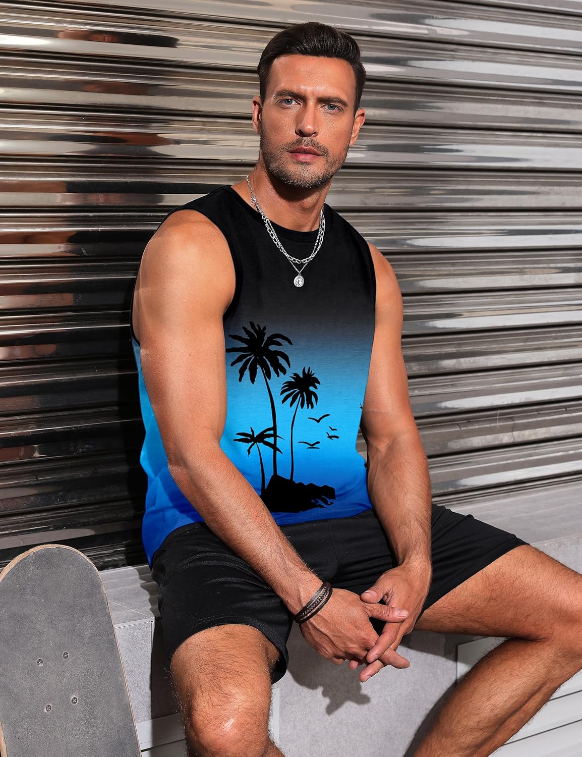 Mens Tank Tops Beach Summer Sleeveless Shirts Graphic Palm Tree Vacation