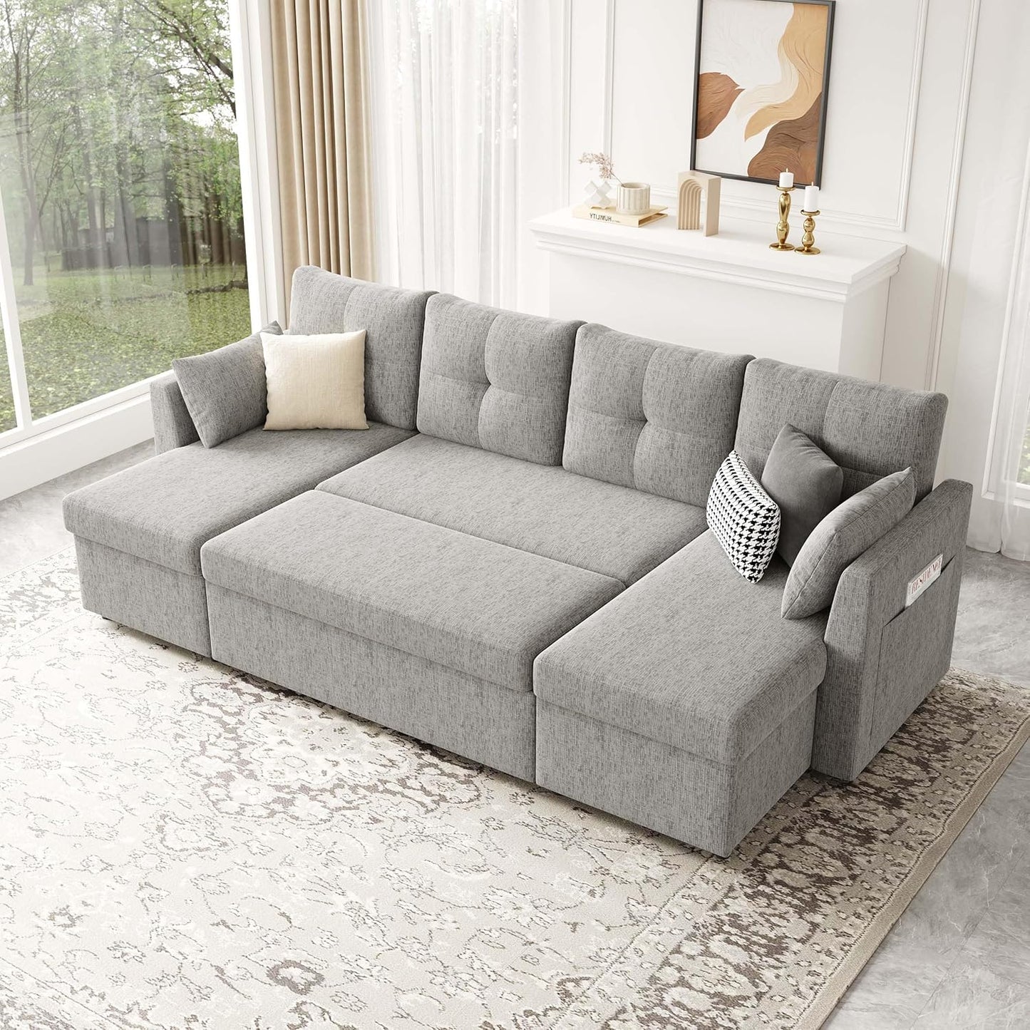 2-in-1 Oversized Sectional Sofa Bed 110" Pull-Out Couch with Storage Chaise Dark Grey