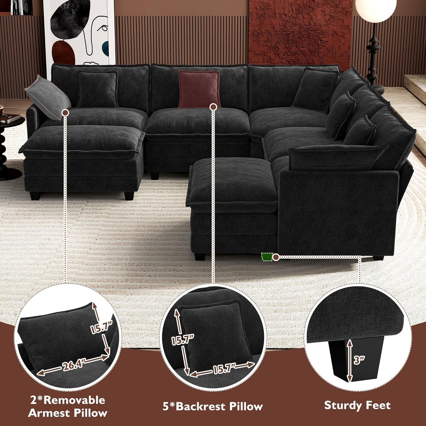 146" U-Shaped Modern Sofa Modular Sectional Cloud Couch