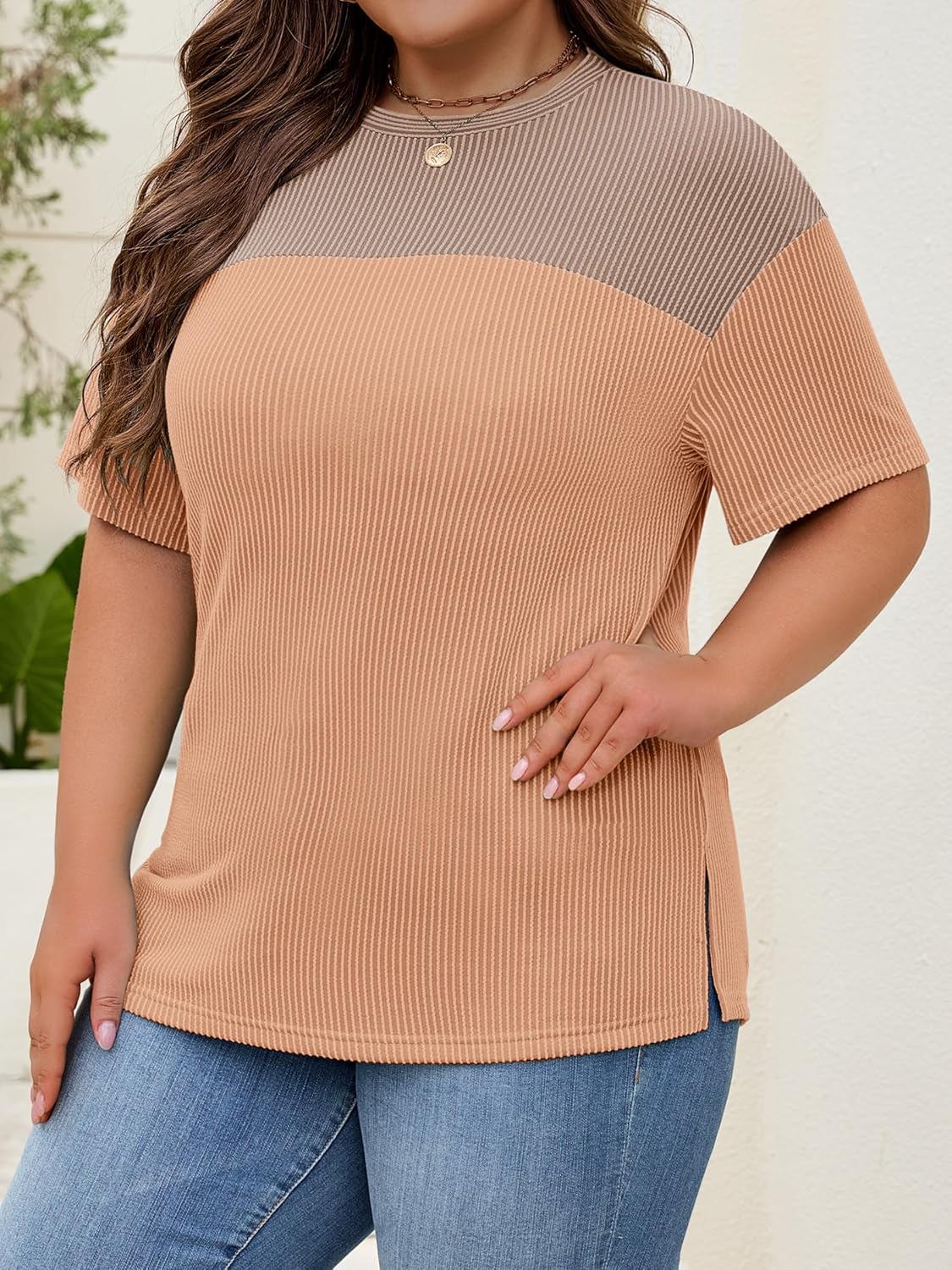 Womens Plus Size Short Sleeve Color Block Pullover Tunic Tops