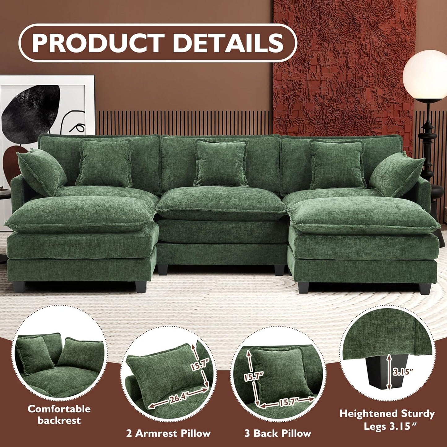 146" U-Shaped Modern Sofa Modular Sectional Cloud Couch