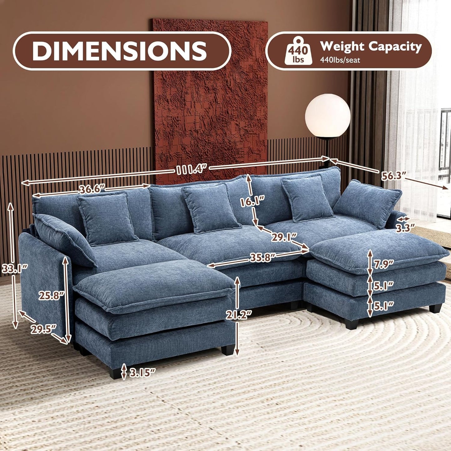 146" U-Shaped Modern Sofa Modular Sectional Cloud Couch