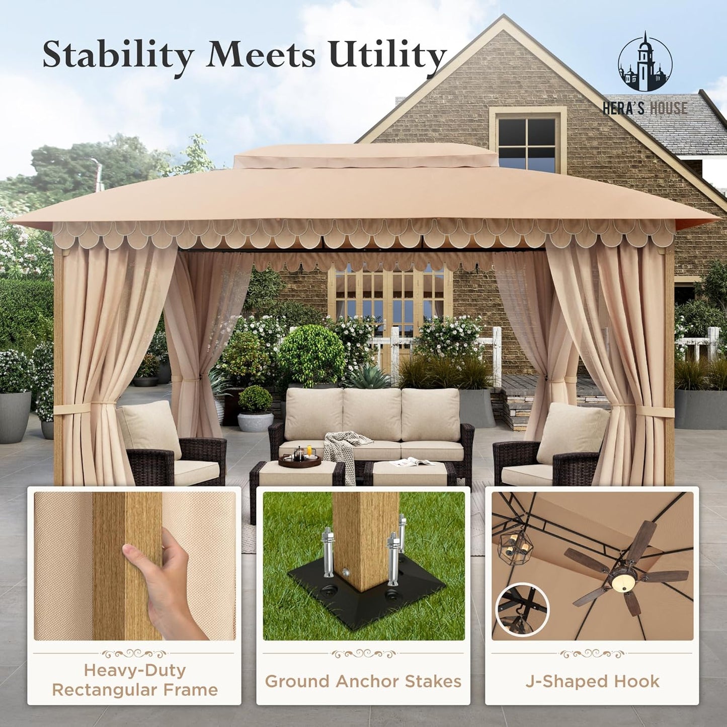 10x13 Outdoor with Screened Double Roof Heavy-Duty Patio Canopy Tent Dark Blue