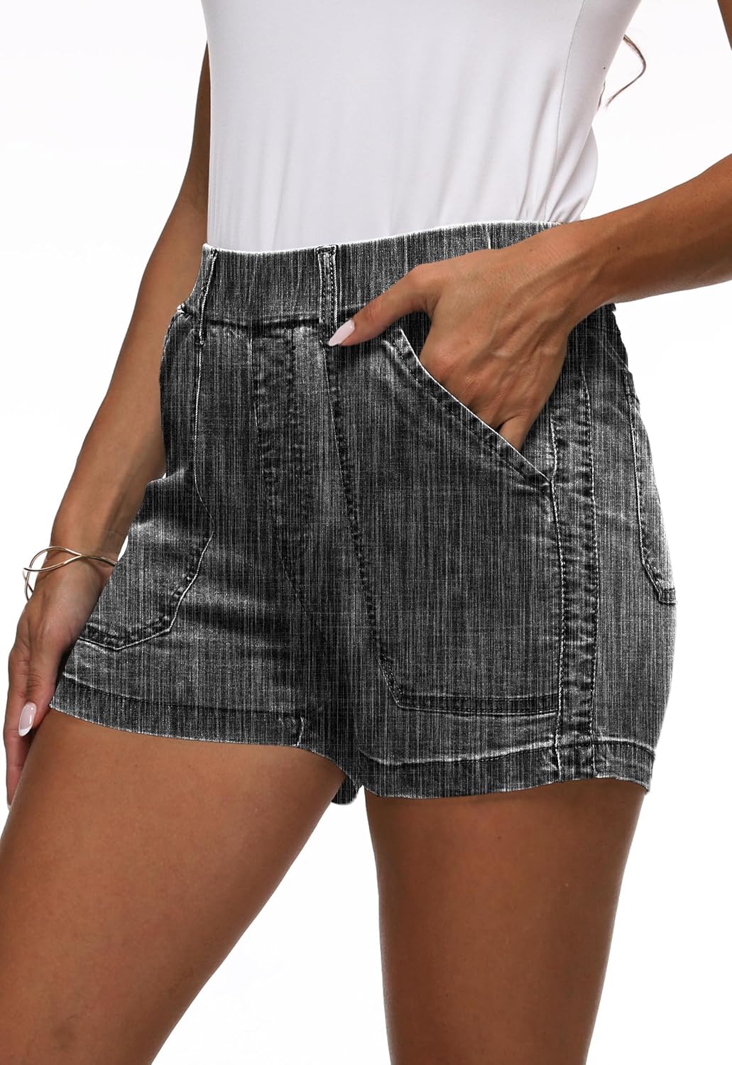 Womens Jean Shorts High Waisted Summer Cotton Elastic Waist Denim Shorts with Pockets